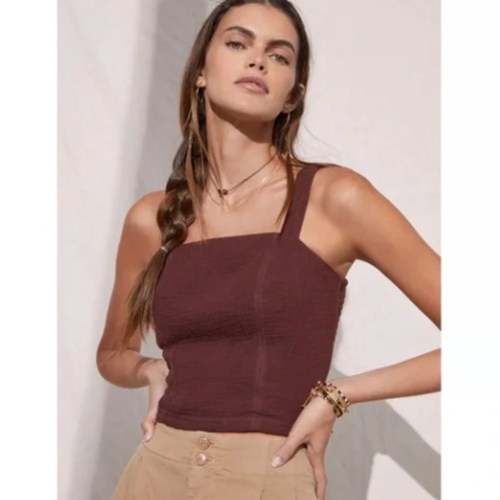 Anthropologie Smocked Tie Back Gauze Tank Top Cocoa